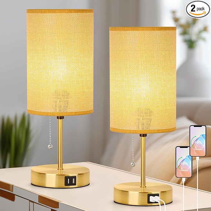 Set of 2 Table Lamp with 2 USB, Vintage Bedside Lamps for Bedrooms, Nightstand Lamps with Pull Chain, Bamboo Woven Desk Lamps with Rattan Lampshade and Gold Metal Base for Bedroom Living Room Desk