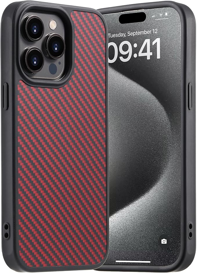 Tigowos for iPhone 15 Pro Max Case Protective Case Made of Aramid Fiber, Soft Touch, Tough Durable Carbon Bumper, Carbon Fiber Red