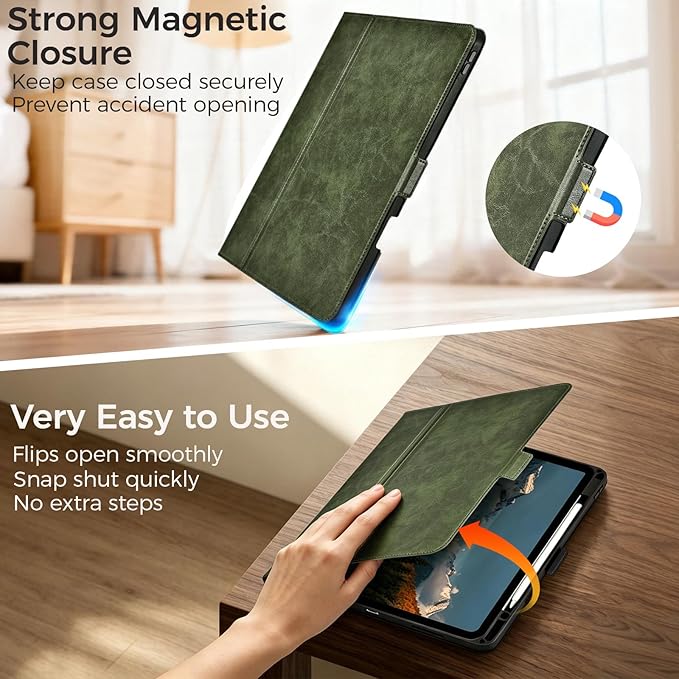 Slim Case for iPad Pro 13 Inch M5/M4 (2025/2024) A3360/A3361/A2925/A2926 with Pencil Holder,Lightweight Cover,Magnetic Closure,Multi Angle Stand,Typing Angle,Auto Sleep/Wake,Green
