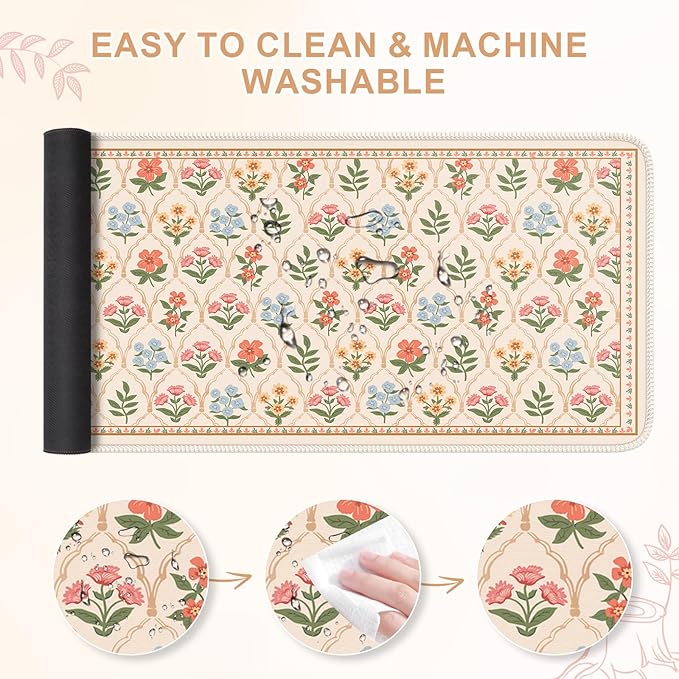 iCasso Floral Desk Pad Mat, Large Mouse Pad, Desk Matt for Desktop, Anti-Slip XXL Big Mousepad with Stitched Edges for Computer Keyboard (Beige Moroccan)