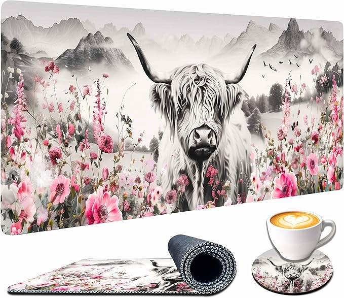 Extra Large Mouse Pad for Desk 35.4 X 15.7 Full Desk Pad for Keyboard and Mouse Mat Desktop Decor and Accessories XXL Mouse Pad for Home Office Mousepad Scottish Highland Cow