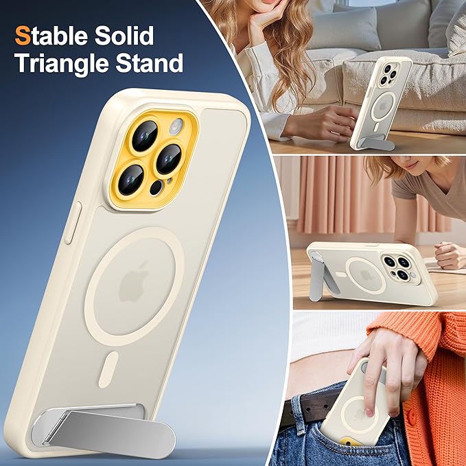 Magnetic Compatible with iPhone 15 Pro Max Case, [Built-in Kickstand][Full Camera Protection][Compatible with MagSafe][Anti-Fingerprint] Shockproof Phone Case for iPhone 15 Pro Max 6.7",Beige & Yellow