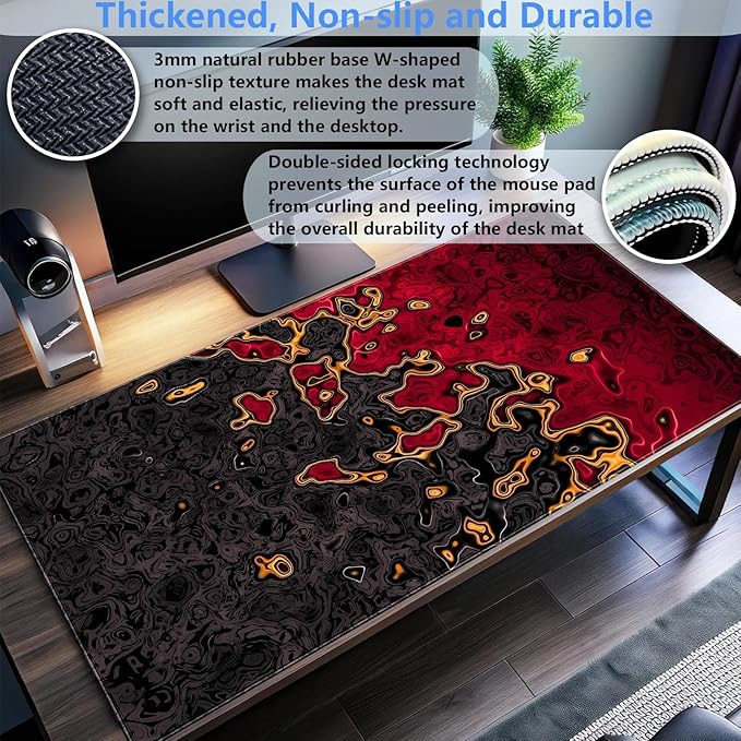 Red and Black Large Gaming Mouse Pad, Fluid Abstract Art Desk Mat 31.5x15.7 inch, Extended XL Non-Slip Micro-Fiber Surface with Natural Rubber Base for Computer Laptop, Home or Office Use