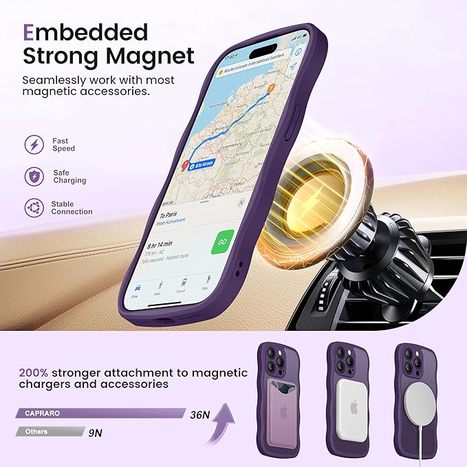 CAPRARO for iPhone 13 Pro Case with 360° Spin Magnetic Stand for Women, [Compatible with MagSafe] [Full Camera Protection] Cute Wave Translucent Matte Case for iPhone 13 Pro, Deep Purple