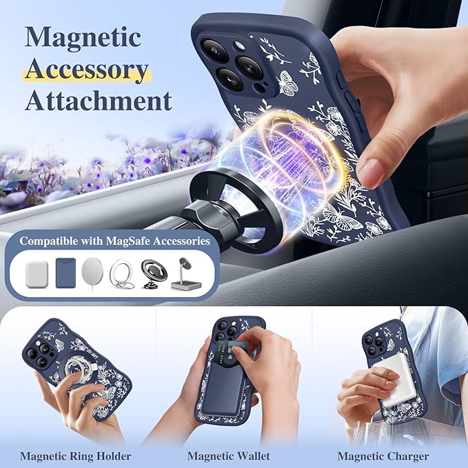 GVIEWIN for iPhone 16 Pro Max Case Compatible with MagSafe [Curly Wave Edge][Full Camera Protection] Floral Translucent Shockproof Magnetic Women Phone Case for 16 Pro Max, Tuberose/Blue