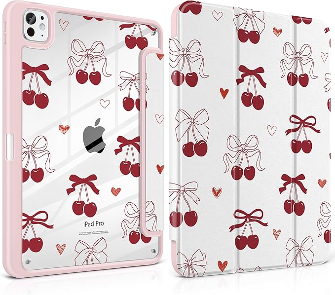 Case for iPad Pro 13 inch (M5) 2025 (M4) 2024 Release with Pencil Holder - Aesthetic Cute Preppy Design Trifold Cover with Soft TPU Bumper Clear Back Auto Sleep/Wake for Girls Women, Cherry