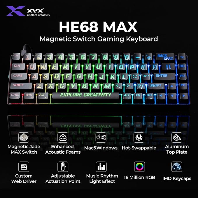 XVX HE68 Max Rapid Trigger Keyboard 60% Percent,Hall Effect Keyboard with Gateron Magnetic Jade Max Switch,CNC Aluminum Frame Custom Mechanical Key Board for PC/Laptop/Xbox/PS4/PS5,Miami Theme, Black