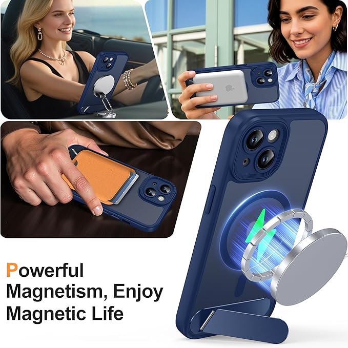 Magnetic Compatible with iPhone 15 Case, [Built-in Invisible Kickstand][Compatible with MagSafe][Full Camera Protection] Translucent Matte Phone Case for iPhone 15 6.1",Blue