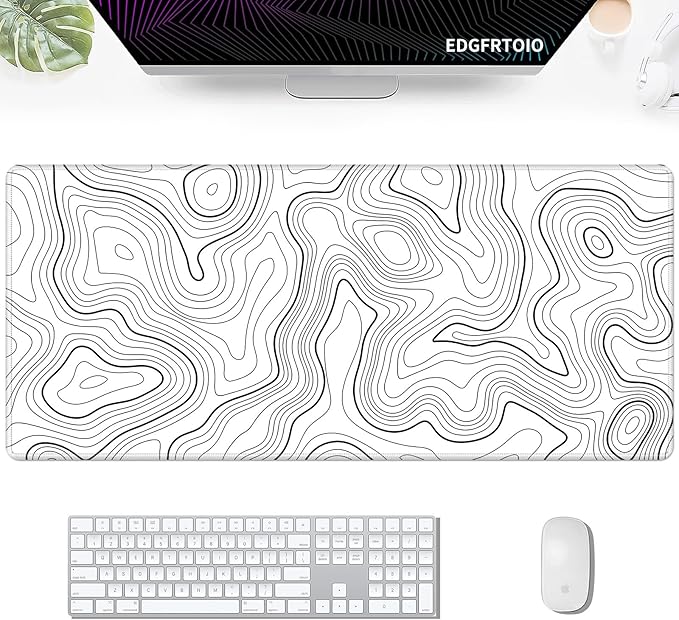 Topographic Map Large Mouse Pad, Black and White Desk Pad for Keyboard and Mouse, 35.5" X 15.75" Computer Gaming Mouse Mat 3mm Thick XXL Rubber Mousepad for Laptop Gamer, White Lines Contour