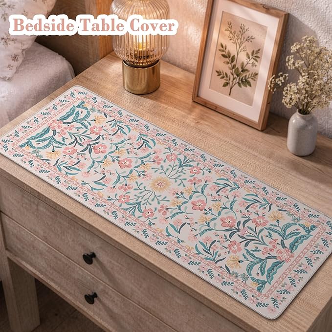 iCasso Aesthetic Floral Desk Mat, L Mouse Pads, Anti-Slip Mousepad with Stitched Edges, Waterproof Computer Pad 11.8"x31.5", Desk Accessories Office Decor for Women(Pink Floral)