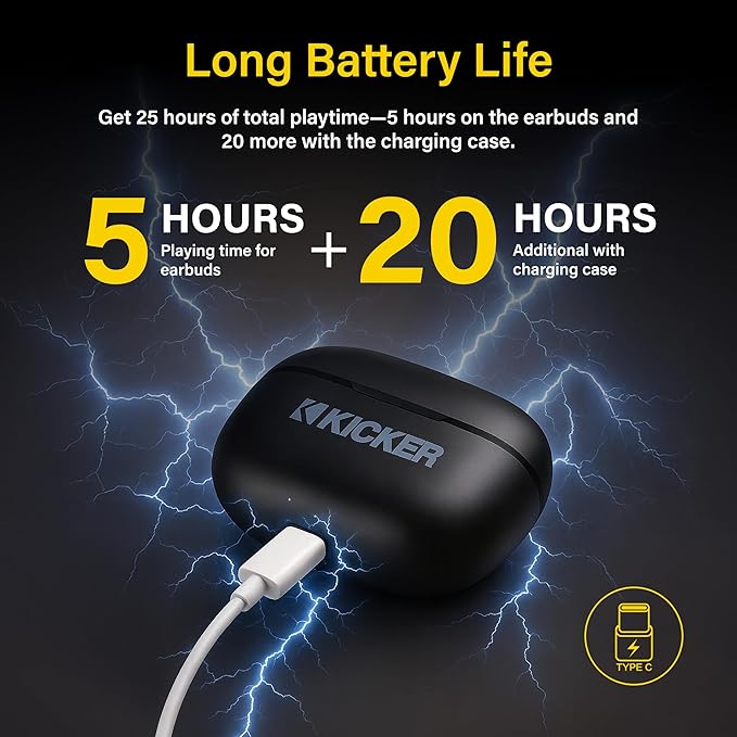 KICKER Bluetooth Earbuds TW3 Wireless Earbuds with Active Noise Cancellation, 25-Hour Battery Life, in-Ear Headphones with Dual Microphones for Clearest Voice Clarity Touch Controls