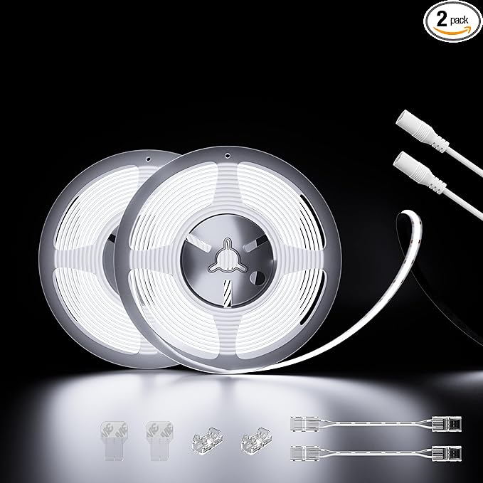 PAUTIX COB LED Strip Lights 48ft/15m Super Bright,504 LEDs/m Daylight White 6000K CRI90+ Flexible LED Tape 24V for Cabinet Home DIY Lighting Projects with 2pcs COB Connector(Power Supply Not Included)