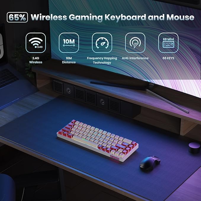 GEODMAER 65% Wireless Gaming Keyboard: LED Backlit, 68 Keys, Ultra-Compact, Anti-ghosting, No-Conflict Wireless Keyboard for PC Laptop Windows Gamer(White-Red)