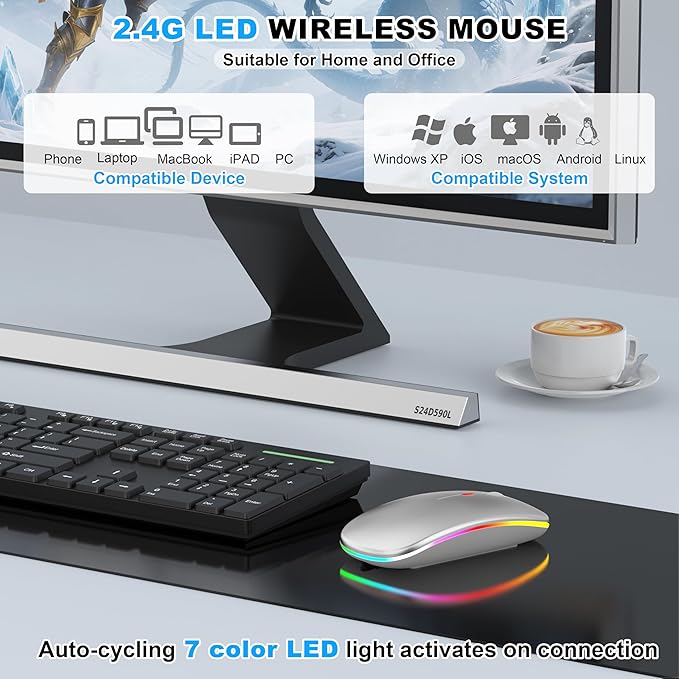 Bluetooth Wireless Mouse, Slim LED Rechargeable Silent Mouse with 2.4GHz USB-A/USB-C Receiver & Type-C Adapter, Compatible with Laptop, MacBook, iPad, iPad Pro,Mac,Tablet – Grey