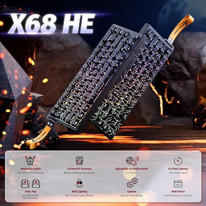 ATTACK SHARK X68 HE Rapid Trigger Mechanical Gaming Keyboard 60% Wired with Adjustable Actuation,Hall Effect Magnetic Switch,8KHz Polling Rate,RGB Backlit,Top Mount,Side Printed Keycap(Black Contour)