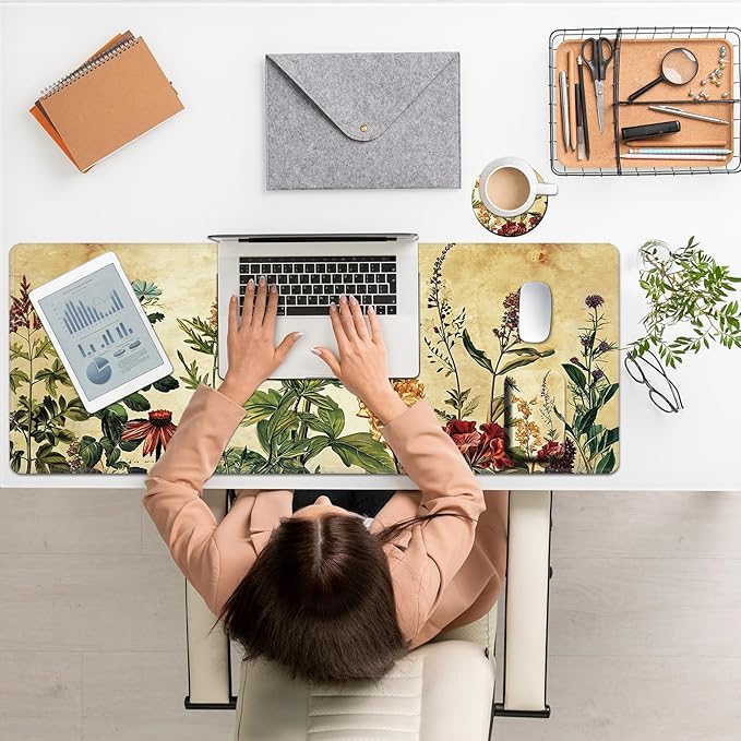 Large Mouse Pad Set, Desk Mat + Elbow Rest Pad + Coaster, Easy Typing Pain Relief, Ergonomic Arm Rest Pad with Memory Foam, Extended Desk Pad Anti-Slip Rubber Base for Office Home, Plant Specimen