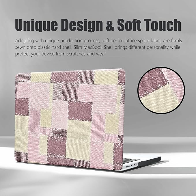 DTangLsm for M5 MacBook Pro 14 inch Case 2026-2021 M4 M3 M2 M1 A3426 A3427 A3434 A3401 A3185 A3112 A2992 A2918 A2779 A2442, Checkered Textured Leather Hard Shell Logo Cutout Case & Keyboard Cover,Pink