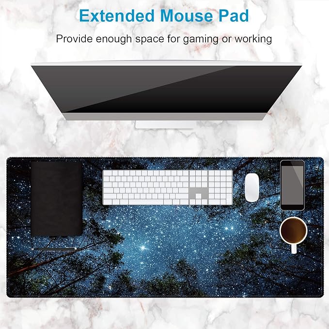 XXL Waterproof Office Desk Pad Protector 35.4x15.7 Inch - Extended Gaming Mouse Pad with Non-Slip Rubber Base, Thickened Keyboard Mat, Stitched Edges & Forest Starry Design