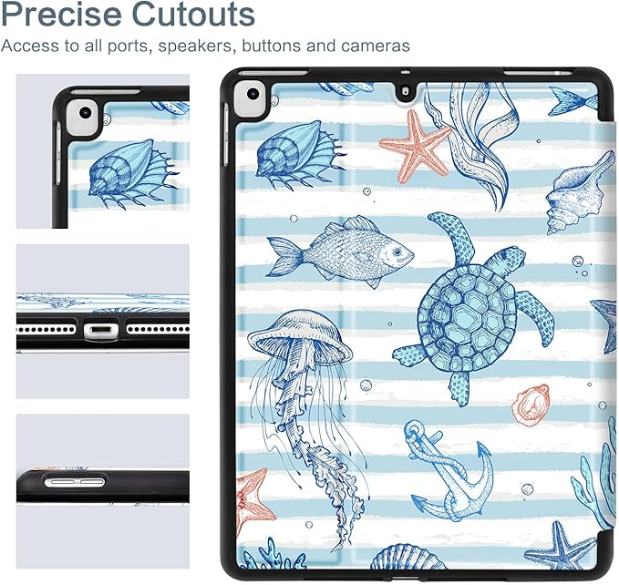 Vimorco Case for iPad 9th/8th/7th Generation 10.2 inch,for iPad Air 3rd 2019,for iPad Pro 10.5 inch 2017/2019,Protective Leather,Pencil Holder,Adjustable Stand Auto Wake/Sleep Smart Cover,Sea Animals