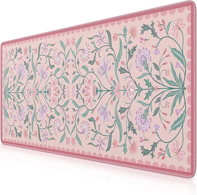 iLeadon Desk Mat Pink, Large Floral Mouse Pad for Desks with Smooth Lycra Surface, Long Full Desk Mouse Cushion for Laptop, Keyboard Mat for Office, Home, Light Pink
