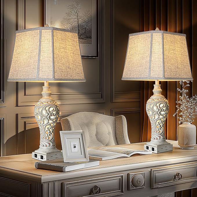 LuxSight Collection 32" Tall Table Lamps Set of 2 - Bedside Lamp with Fabric Shades - for Bedroom and Living Room with USB and Nightlight - Perfect for Nightstands and Bedrooms - Bulbs Included