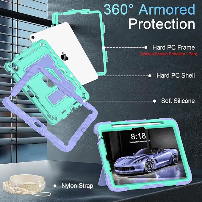for iPad Air 11 Inch M4 (2026) /M3 (2025) /M3 (2025) /M2 (2024) iPad Air 5th/4th Generation Case 10.9 Inch,Military Grade Shockproof iPad Case Air 11 Inch with Pencil Holder, Purple Green
