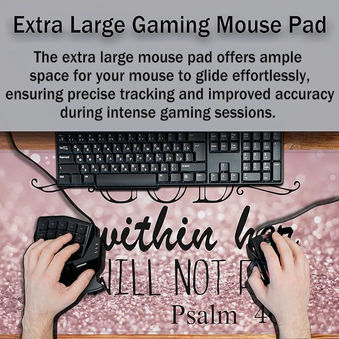 Gaming Mouse Pad Pink Desk Pad, XXL Mouse Pads Desk Decor for Girls Keyboard Pad, Oversized Mouse Pad Non-Slip Rubber Base, 35.4 X 15.7 in for Work/Game/Office She Will Not Fall- Bible Verse