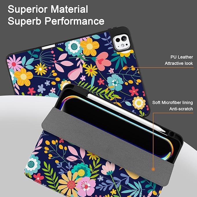 DONGKE Case for iPad Pro 11 inch (M5 2025 / M4 2024, 6th & 5th Generation) – [Built-in Pencil Holder] Ultra Slim PU Leather Trifold Stand Cover with Soft TPU Back, Auto Wake/Sleep, Florals