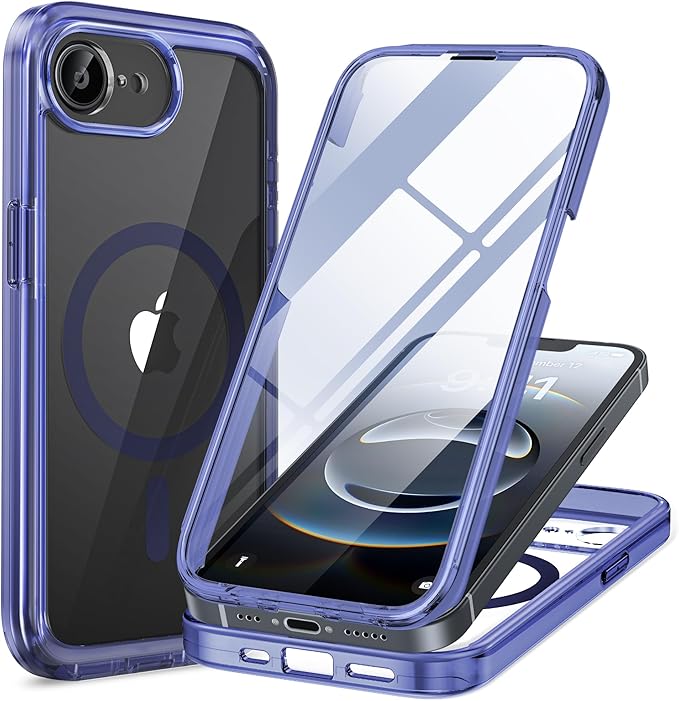 Miracase for iPhone 17e Case & iPhone 16e Case, Full-Body Phone with Built-in Glass Screen Protector, [Magnetic with MagSafe] Military Drop Proof 17 E/ 16 E Cover Bumper 6.1 inch, Clear Blue
