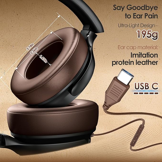 USB C Headphones Wired Headphones Over Ear with HD Mic, Foldable Active Noise-Canceling Headphone for iPad/Sports/School/Travel/iPhone 17/16/15, Samsung S25/S24, Google Pixel 9,Ideal Gifts-Brown