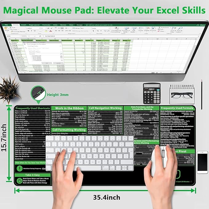 ProbTis Excel Cheat Sheet Desk Pad, Upgraded Pro Version, Excel Shortcuts Mousepad Stitched Edges, Non-Slip Base Keyboard Mats, XXL Giant Mouse Pads for Desk, 35.4”x15.7”, Back to School