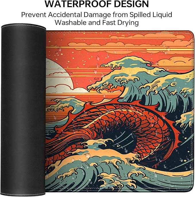 Wave Sea Dragon Gaming Mouse Pad,Anime Mouse Pad Gaming 31.5 x 15.7 in Mouse Mat Desk Pad,Extended Keyboard Pad Large Desk Mat Mousepad with Non-Slip Base and Stitched Edge for Office Home