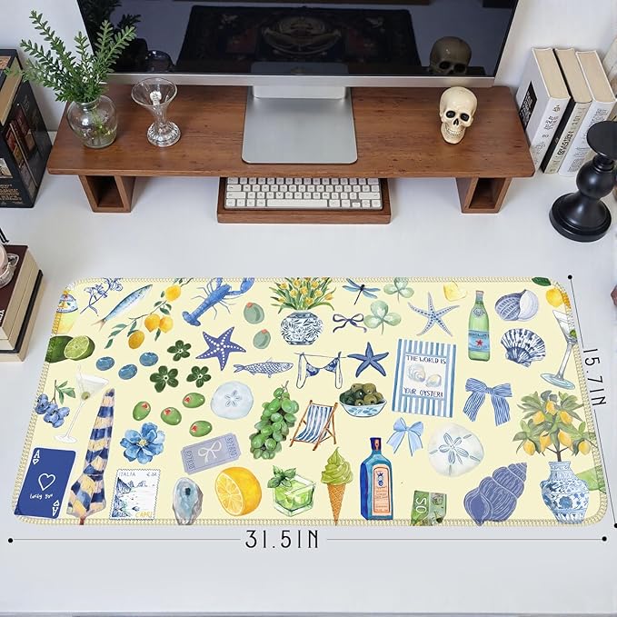 Cute Pastel Coastal Desk Mat with Vibrant Sea Life Beige Large Mouse Pad Cozy Aesthetic XXL Mouse Pad Anti-Slip Big Mousepad with Stitched Edges for Computer Desktop