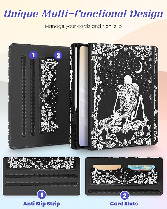 Kidcube for Samsung Galaxy Tab A9 Plus Case 11 Inch - for Women Girls Cute Rotating Stand Folio Cover with Pencil Holder & Card Slot Goth Skull Floral Unique Design for Samsung A9 Plus Tablet Cases