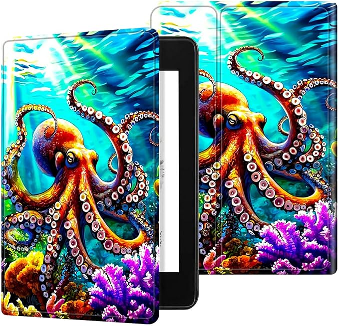 for 7" Kindle Paperwhite 12th Generation 2024/2025 & Kindle Colorsoft Signature Edition Tablet Case, Slim Kickstand Stand Leather Smart Cover with Auto Wake/Sleep, Underwater Octopus