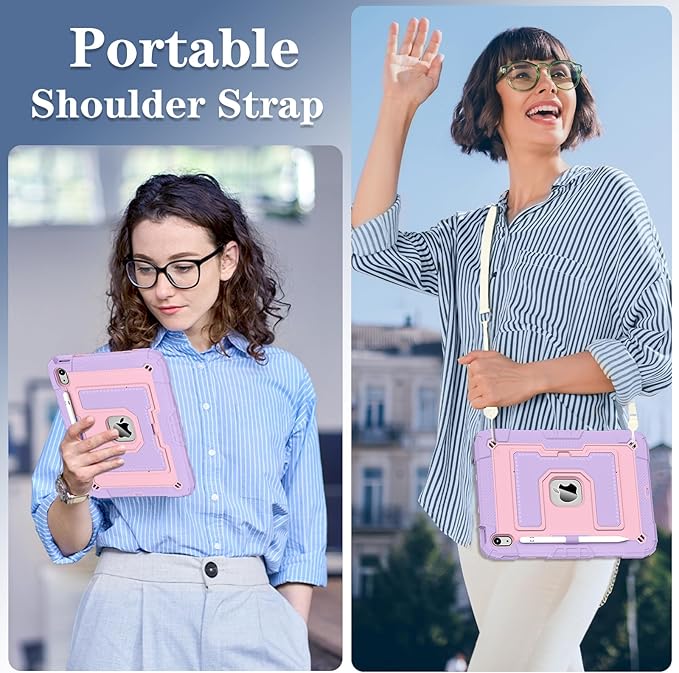Kids Friendly Case for iPad A16 11th Generation 11 Inch 2025 / iPad 10th Generation 10.9" 2022 Case with Pencil Holder & Shoulder Strap, Hybrid iPad 11 10 Cover Rugged Shockproof Kickstand,Pink+Purple