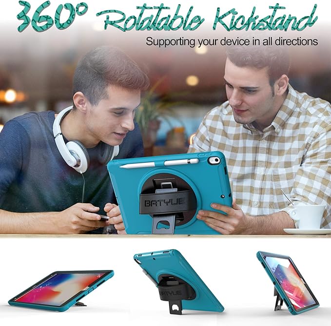 BATYUE case for iPad Air 3rd Gen 2019 & iPad Pro 10.5" 2017, Heavy Duty Rugged Protective Cover with 360° Swivel Stand, Leather Hand Strap & Pencil Holder - for Business, Outdoor, Sales Reps - Light