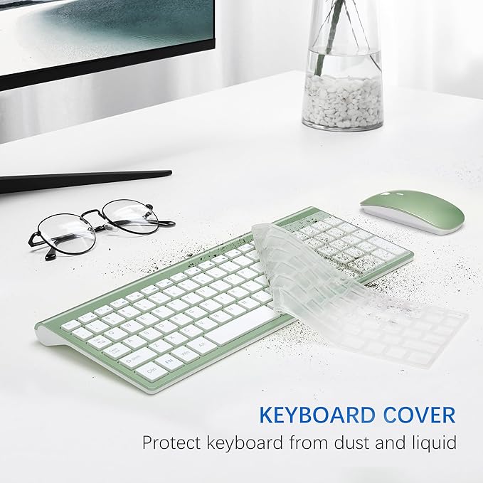 Wireless Keyboard and Mouse Ultra Slim Combo, TopMate 2.4G Silent Compact USB 2400DPI Mouse and Scissor Switch Keyboard Set with Cover, Batteries Included, for PC/Laptop/Windows/Mac - Green White