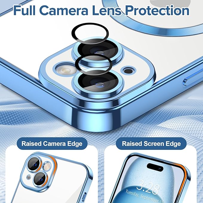 Hython Magnetic Clear for iPhone 15 Case with Camera Lens Protector [Compatible with MagSafe] Luxury Plating Edge Slim Soft TPU Cover Protective Phone Case for iPhone 15 6.1", Light Blue