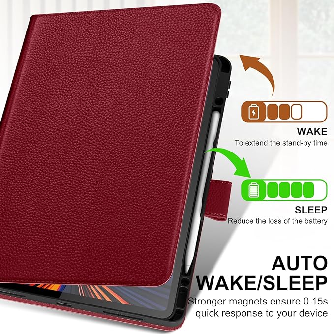 Genuine Leather Case for iPad Pro 12.9 inch 6th/5th/4th/3rd Generation 2022/2021/2020/2018 | with Pencil Holder and Adjustable Stand, Magnetic Closure, Auto Wake/Sleep Cover | Wine Red