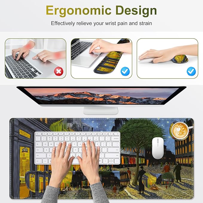 Large Gaming Mouse Pad Set, 4 in 1 Ergonomics Keyboard Desk Mat Memory Foam Wrist Rest, Computer PC Extended Game Mousepad, Non-Slip Desk Matt Easy Typing Pain Relief I Terrace of the Cafe