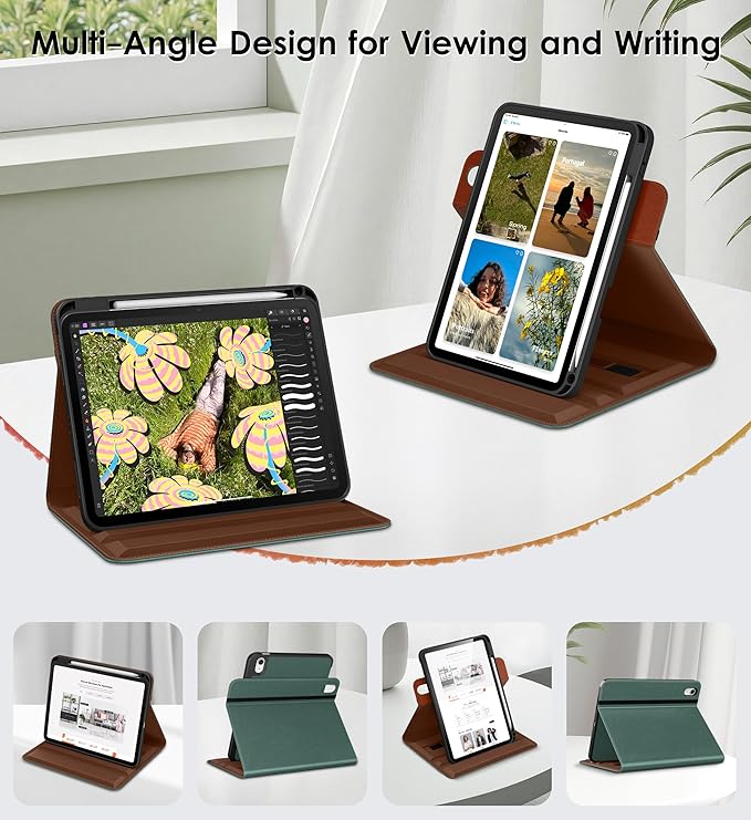DTTO for iPad Air 11 inch Case M4 / M3 / M2 (2026/2025/2024), iPad Air 5th / 4th Gen (2022/2020), 360 Degree Rotating Premium Leather Folio Stand Cover with Pencil Holder, New Midnight Green