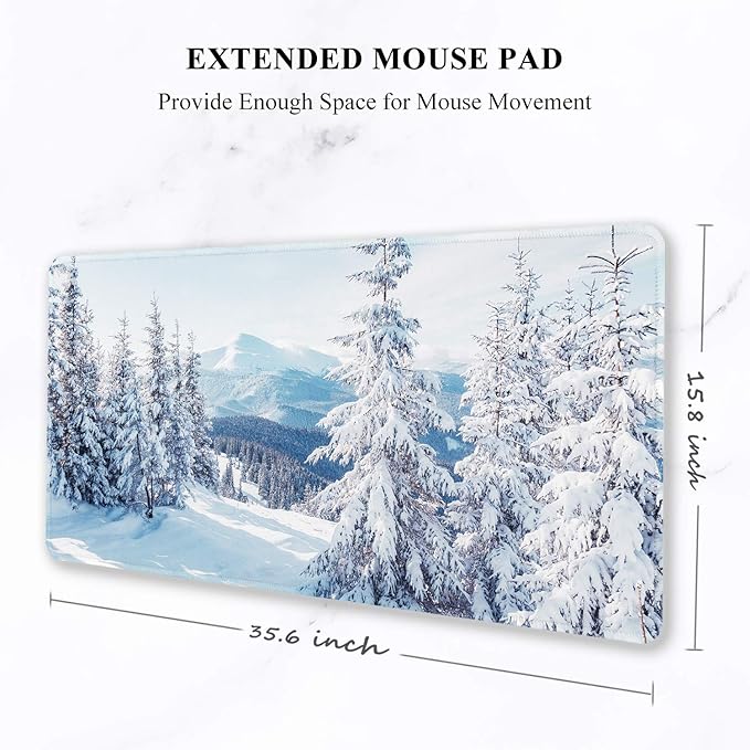 Auhoahsil Large Gaming Mouse Pad, Ice and Snow Theme XXL 35.4 x 15.7 in Desk Pad Stitched Non-Slip Rubber Long Computer Mousepad Thin Extended Full Size Desk Mat for Desktop, Laptop, Wireless Mice