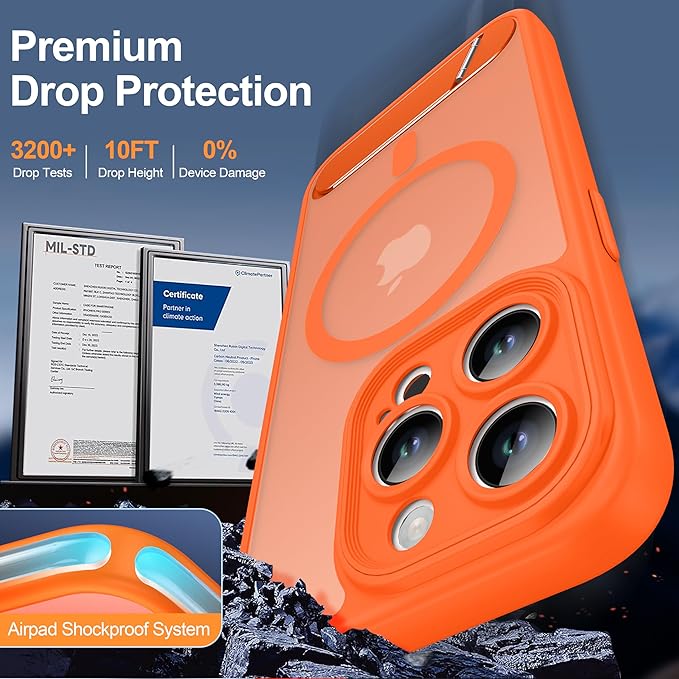 Magnetic Compatible with iPhone 15 Pro Case, [Built-in Kickstand][Full Camera Protection][Compatible with MagSafe][Anti-Fingerprint] Shockproof Phone Case for iPhone 15 Pro 6.1",Orange