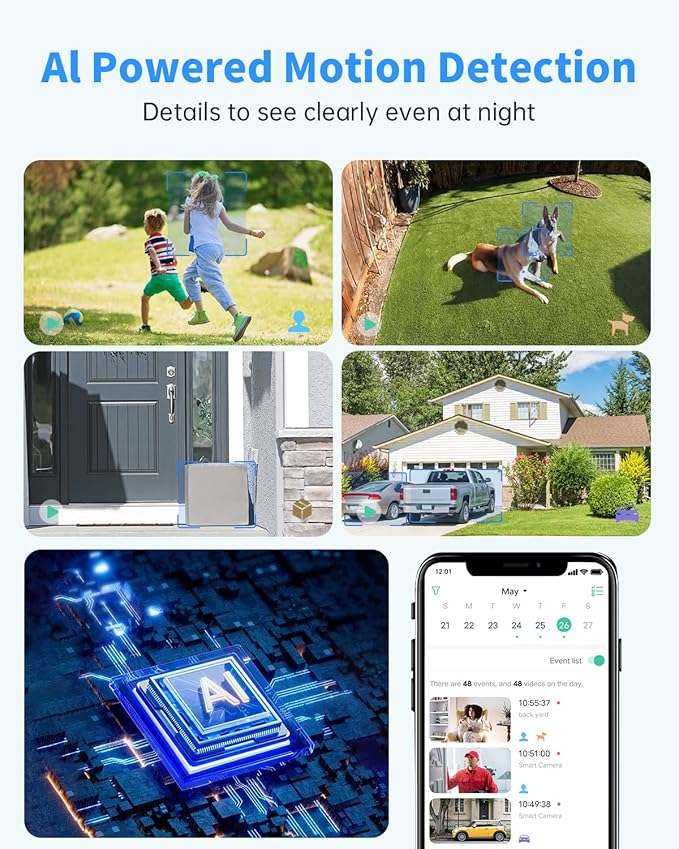 Security Cameras Wireless Outdoor, Solar Battery Powered 2k Color Night Vision, AI Motion Detection, IP66 Weatherproof, 2-Way Talk, SD/Cloud Storage, 2.4Ghz WiFi Cameras for Home Security (2 Pack)