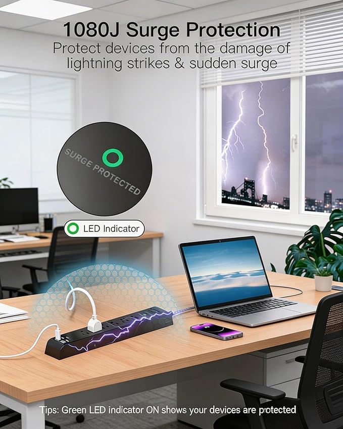 Surge Protector Power Strip 10FT, 10-in-1 with 6 AC Outlets 4 USB Ports(2 USB-C), Ultra Flat Plug Braided Extension Cord, Wall Mountable, 1080J Surge Protection, ETL Listed, Black