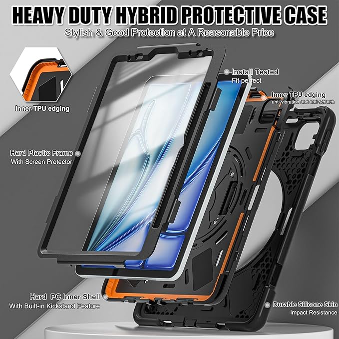 TSQQST Case for iPad Air 13 Inch M4 M3 M2 (2026-2024) with Screen Protector, Pencil Holder, Stand, Hand Strap, Military Grade Heavy Duty Rugged Case for iPad Pro 12.9 6th/5th/4th/3rd Gen, Black
