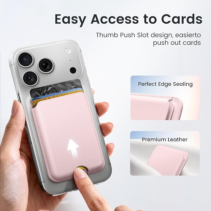 Stronger Magnetic Wallet for iPhone 17/16/15/14/13/12 Series & for MagSafe-compatible Cases, Slim Leather Magnetic Card Holder with RFID Blocking, N52 Magnet Phone Wallet, Fit 3 Cards, Pink