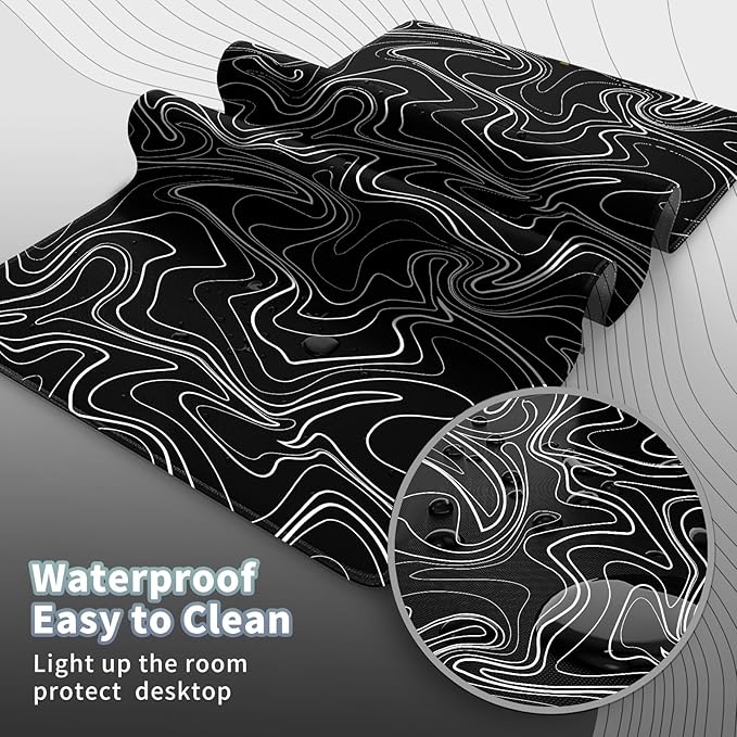 Topographic Map Large Mouse Pad, Black White Desk Pad for Keyboard and Mouse, 31.5" X 15.7" Computer Gaming Mouse Mat with Non-Slip Rubber Stitched Edge for Laptop Gamer, Black Lines Contour