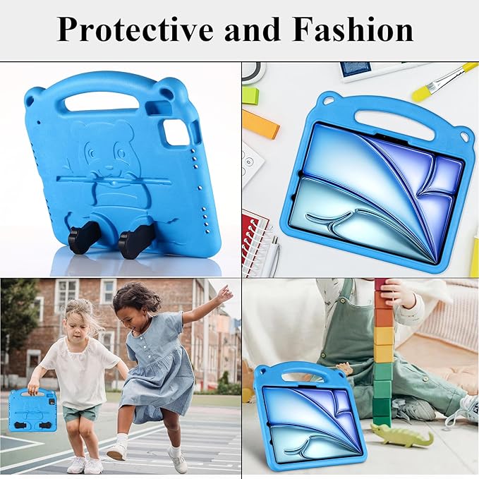 Kids Case for Apple iPad Pro 11 inch M5/M4 Tablet (2025/2024) with Handle/Kickstand Slim Lightweight Cute Soft EVA Foam Shockproof Folio Stand Protective Cover for Boy Girl Teens, Blue Panda